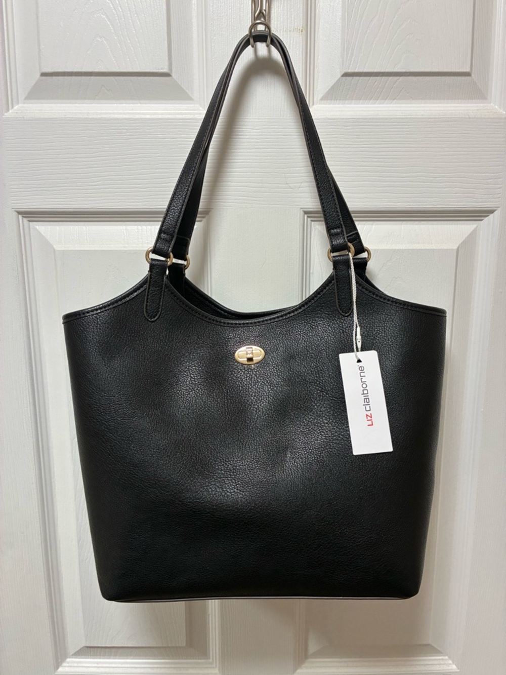 NWT Liz Claiborne Large Black Pebbled Faux Leather Tote with Gold Turn-Lock